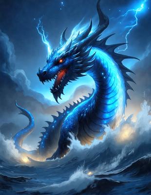 Primary subject: A blue dragon with a red mouth and a lightning bolt on its head.

Setting/background: The dragon is in a blue ocean, surrounded by waves.

Visual style: The image is a digital art or illustration.

Colors and mood: The dominant colors are blue and red, with a lightning bolt adding a touch of yellow. The overall atmosphere is fierce and powerful.